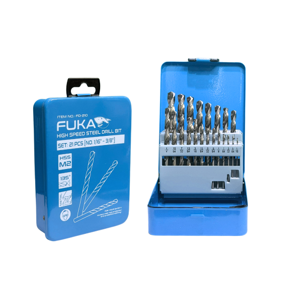 FUKA ชุดดอกสว่านเจาะเหล็กสีขาวรุ่นลับปาก 21 ตัวชุด 1/16” – 3/8"